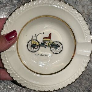 Vintage Cigar Ashtray Fords First Car 1896 Automobile Harkerware USA Gold Rim
